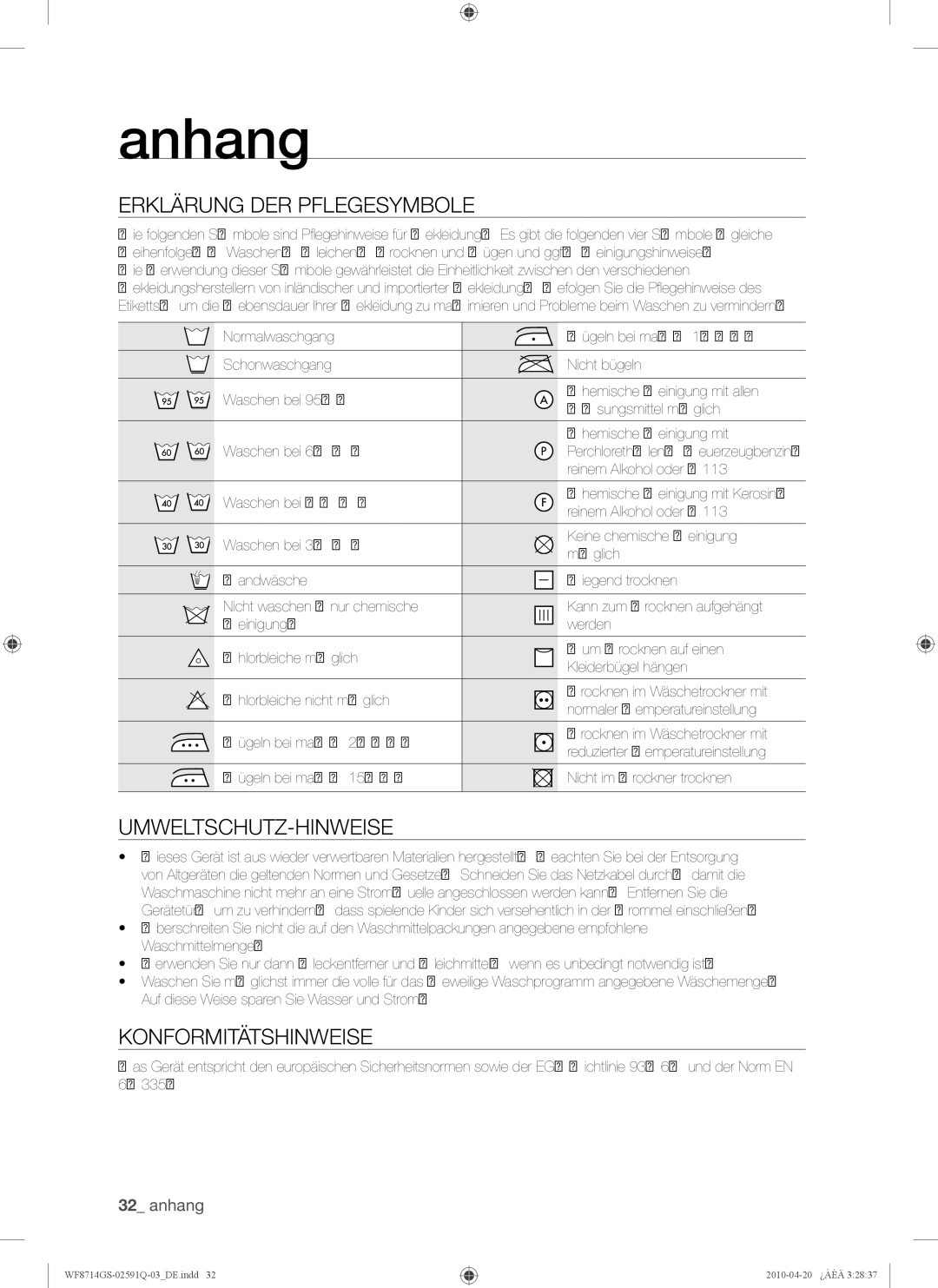 Samsung WF8704GSV/XEG, WF8704GSV1/XEG Anhang, Erklärung DER Pflegesymbole, Umweltschutz-Hinweise, Konformitätshinweise 