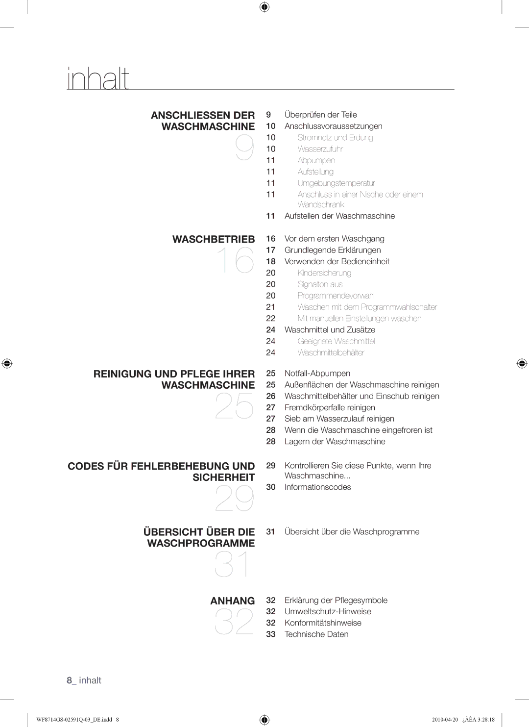 Samsung WF8704GSV/XEG, WF8704GSV1/XEG, WF8703JS/XEG, WF8703JS1/XEG manual Inhalt 