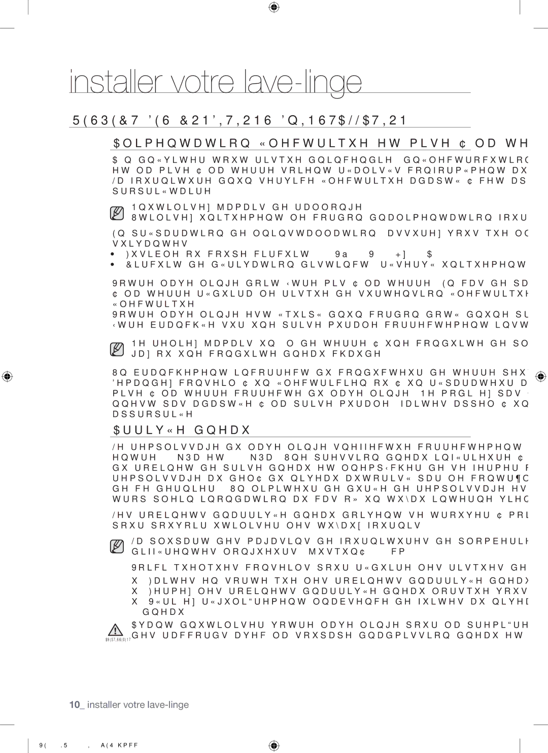 Samsung WF8704LSW1/XEF Respect DES Conditions D’INSTALLATION, Alimentation électrique et mise à la terre, Arrivée d’eau 