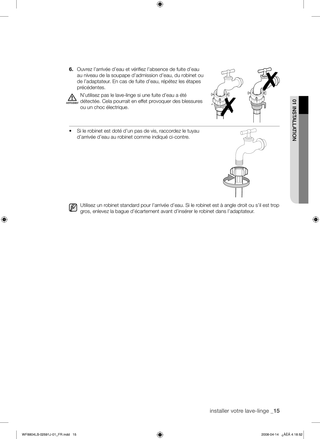 Samsung WF8704LSW/XEF, WF8704LSW1/XEF manual Installation 