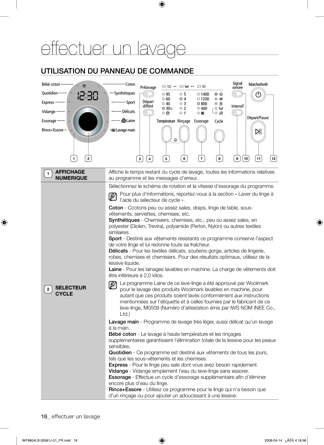 Samsung WF8704LSW1/XEF, WF8704LSW/XEF manual Utilisation DU Panneau DE Commande, Numerique 