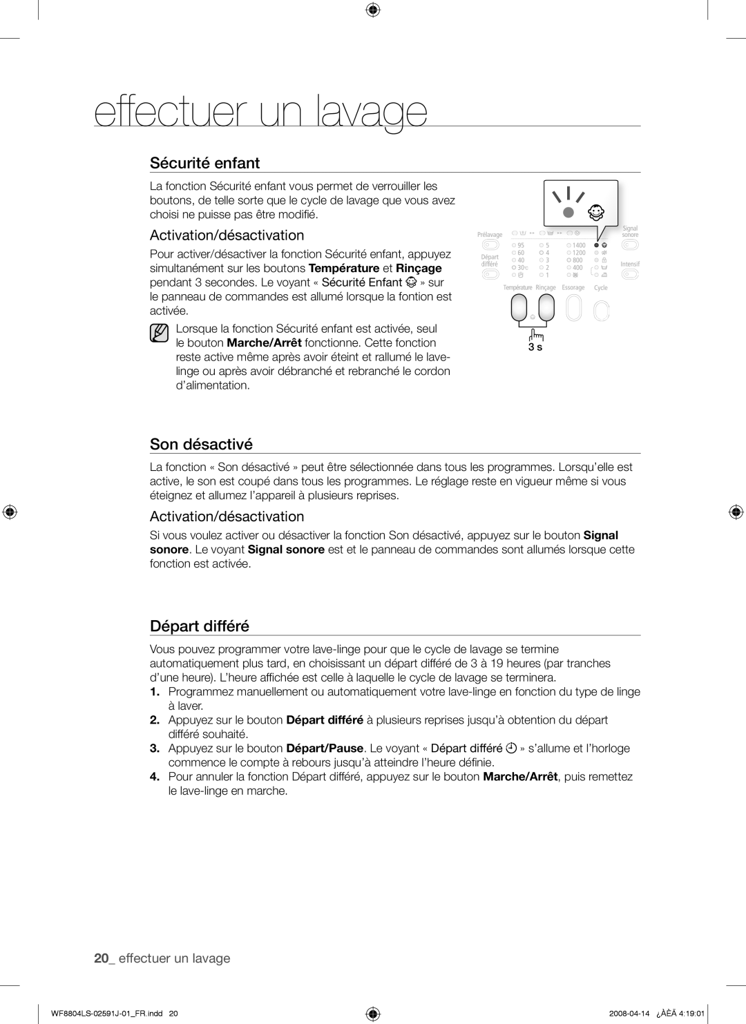 Samsung WF8704LSW1/XEF, WF8704LSW/XEF manual Sécurité enfant, Son désactivé 