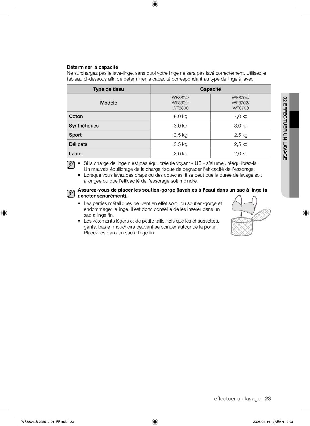 Samsung WF8704LSW/XEF, WF8704LSW1/XEF manual Type de tissu Capacité 