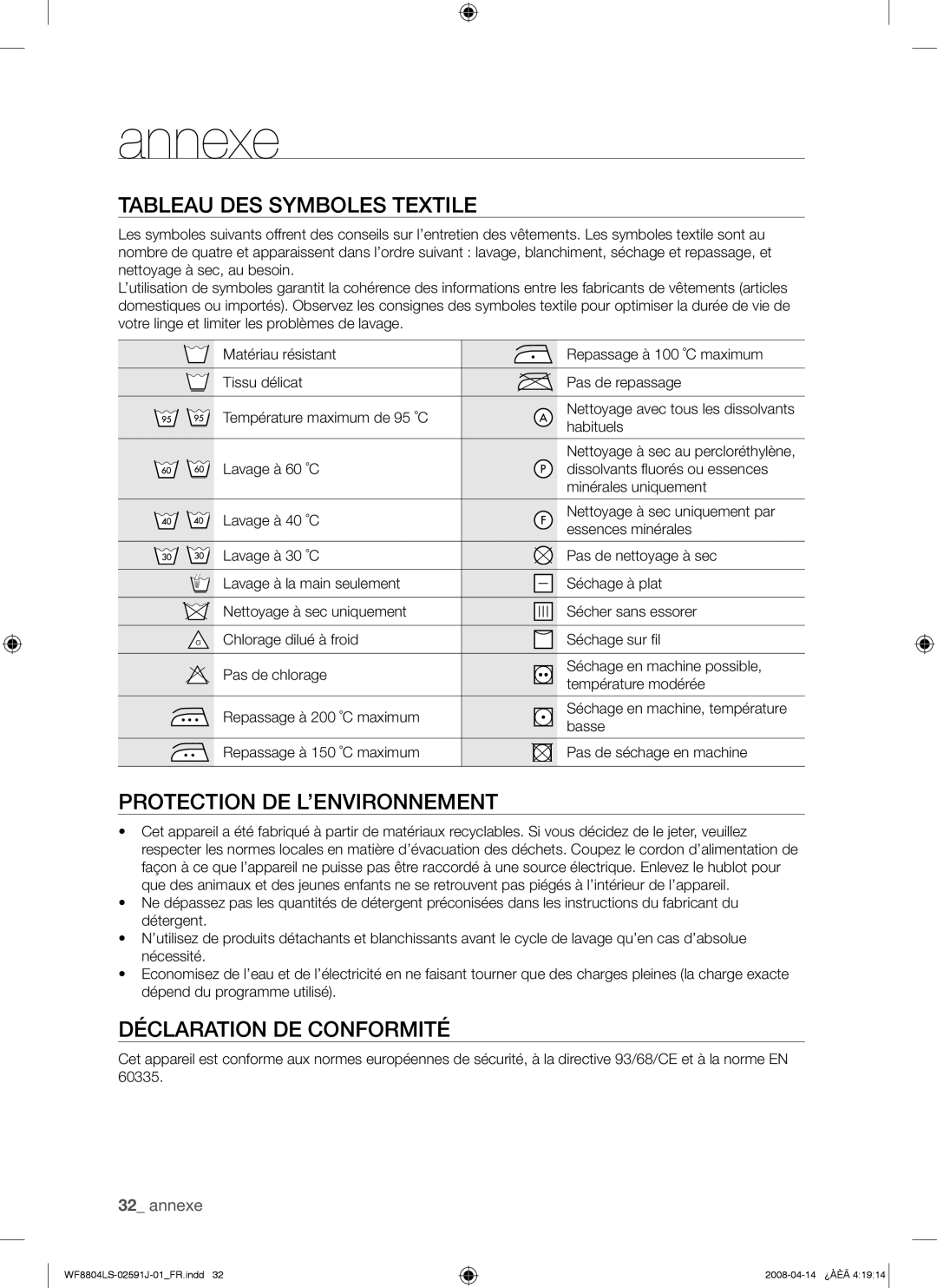 Samsung WF8704LSW1/XEF Annexe, Tableau DES Symboles Textile, Protection DE L’ENVIRONNEMENT, Déclaration DE Conformité 