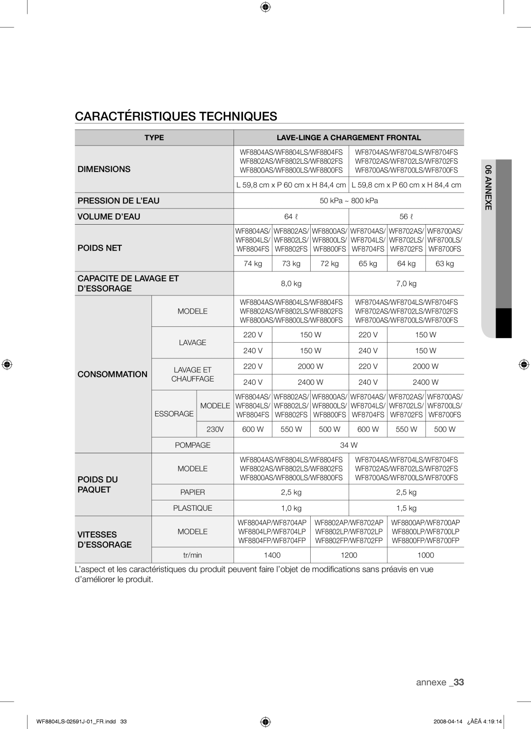 Samsung WF8704LSW/XEF, WF8704LSW1/XEF manual Caractéristiques Techniques, Dimensions 