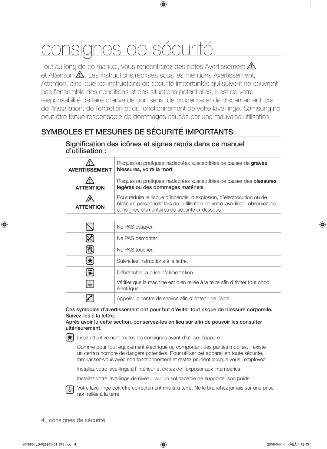 Samsung WF8704LSW1/XEF, WF8704LSW/XEF manual Consignes de sécurité, Symboles ET Mesures DE Sécurité Importants 