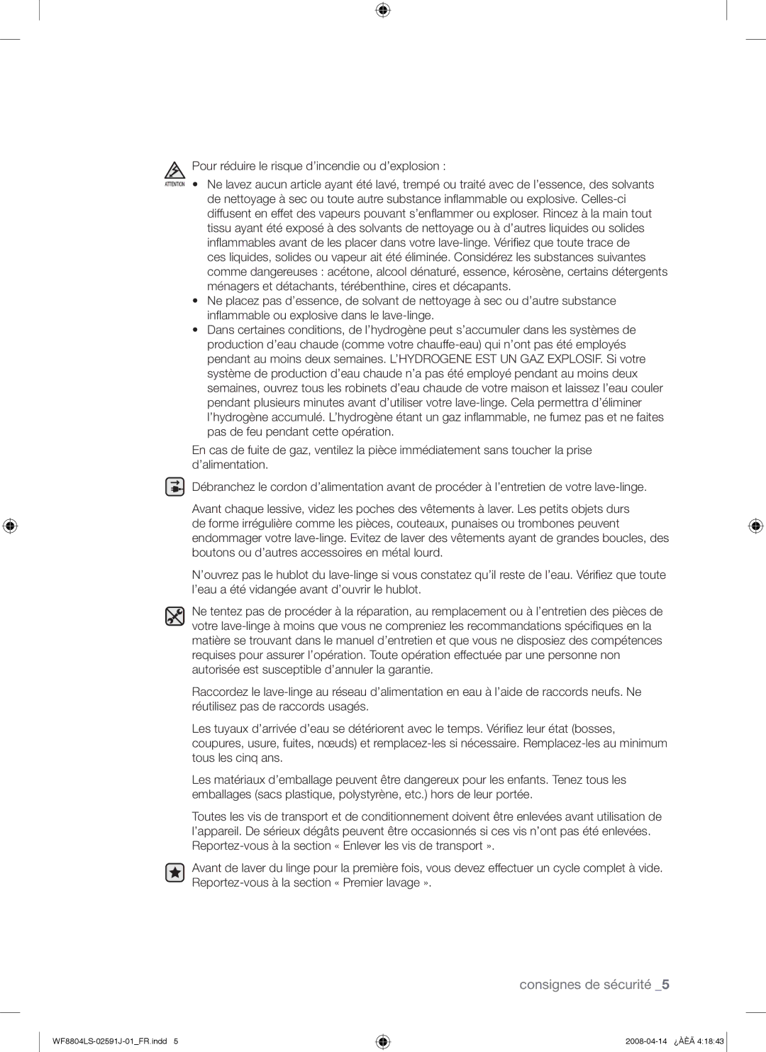 Samsung WF8704LSW/XEF, WF8704LSW1/XEF manual Consignes de sécurité 