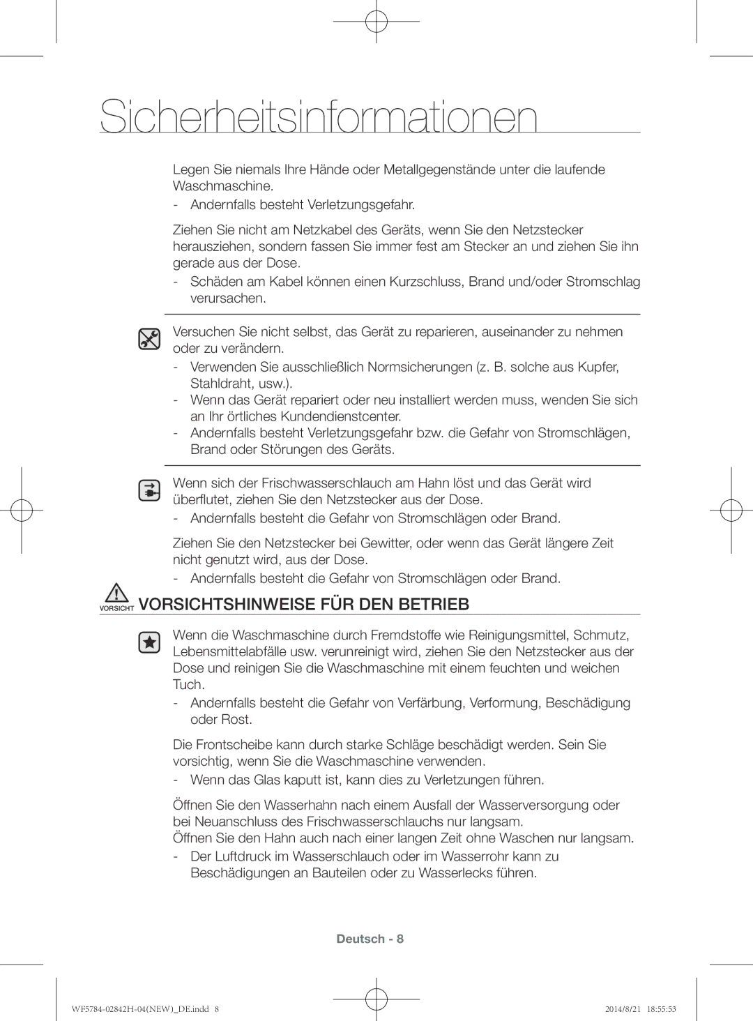 Samsung WF8724GPF1/XEG, WF8724GPA/XEG, WF10824Z8V/XEG, WF8724GPA1/XEG manual Vorsicht Vorsichtshinweise FÜR DEN Betrieb 