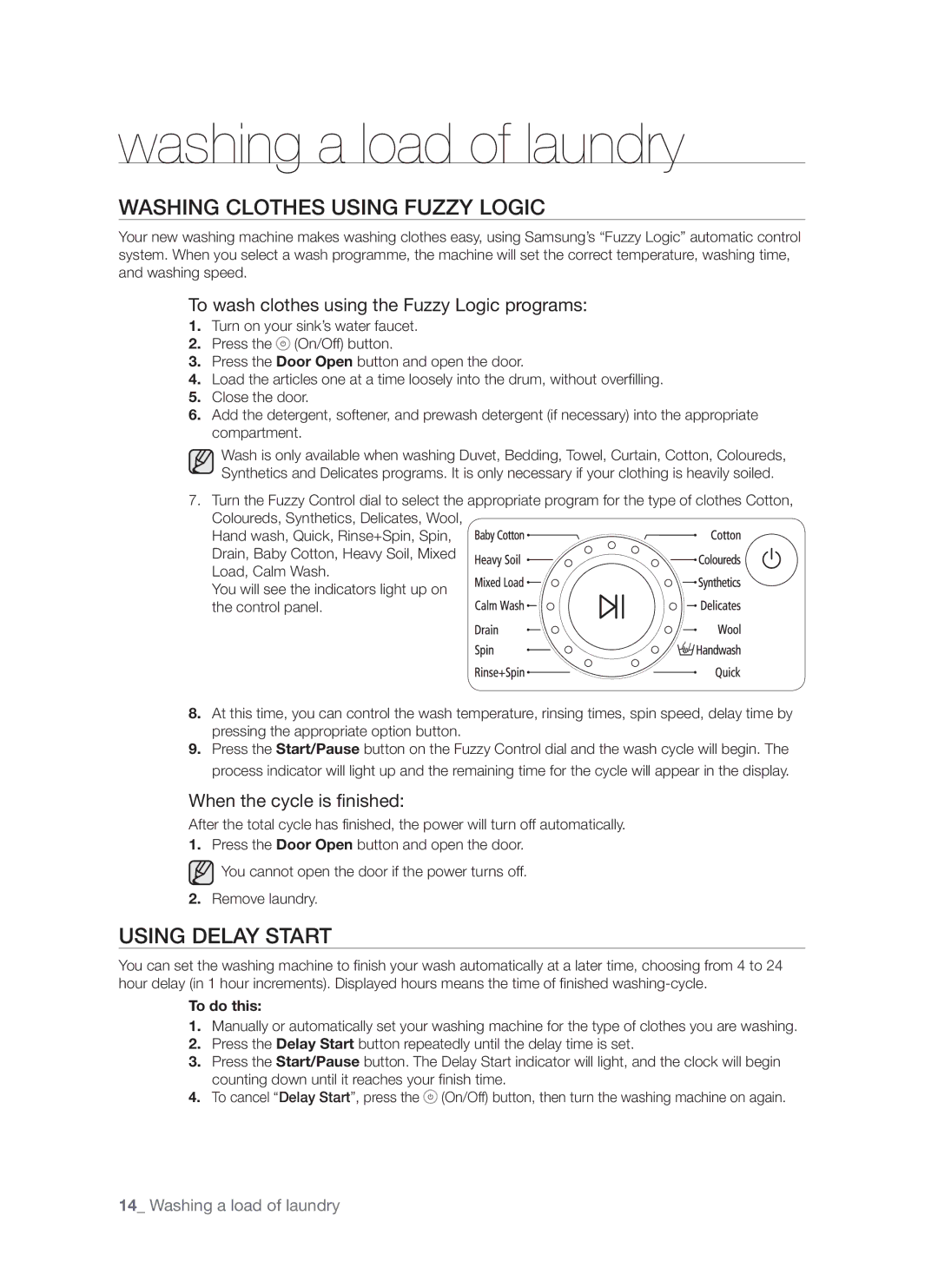 Samsung WF8750S6C1/XSV, WF8650S6C1/XSV manual Washing Clothes Using Fuzzy Logic, Using Delay Start 