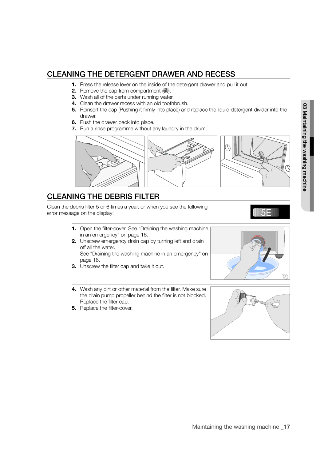 Samsung WF8650S6C1/XSV, WF8750S6C1/XSV manual Cleaning the Detergent Drawer and Recess, Cleaning the Debris Filter 