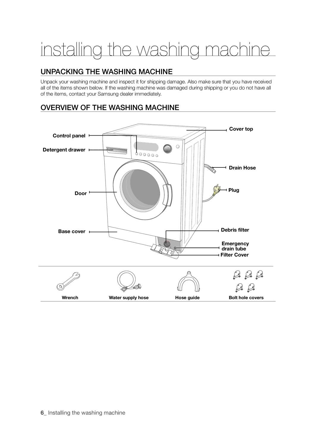 Samsung WF8750S6C1/XSV Installing the washing machine, Unpacking the Washing Machine, Overview of the Washing Machine 