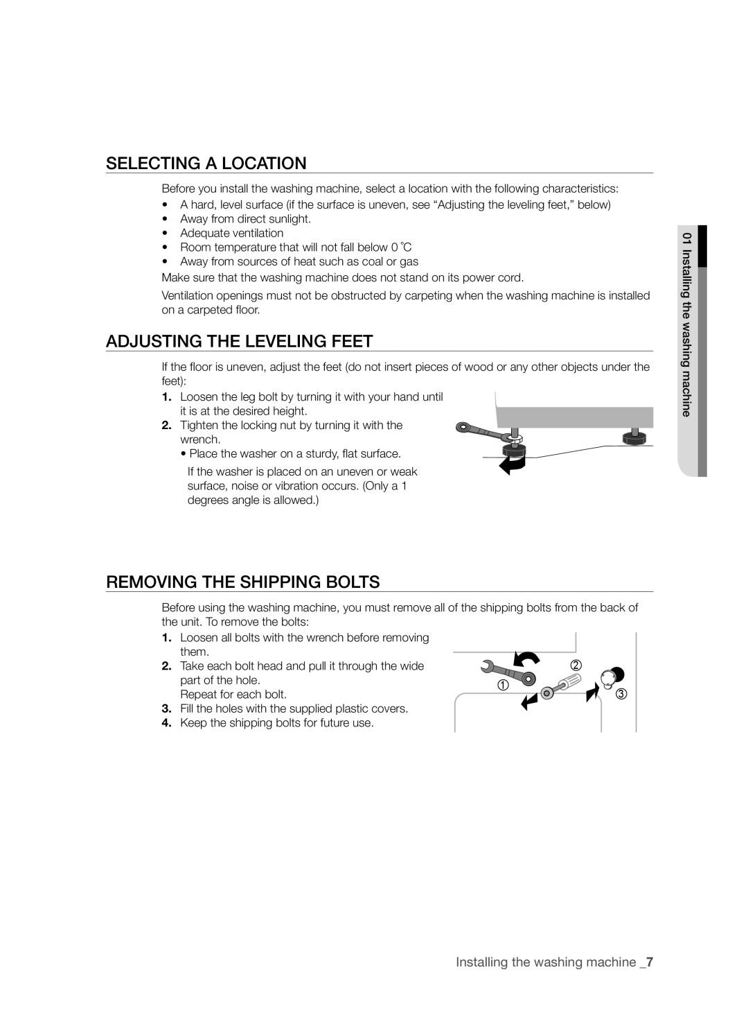 Samsung WF8650S6C1/XSV, WF8750S6C1/XSV manual Selecting a Location, Adjusting the Leveling Feet, Removing the Shipping Bolts 