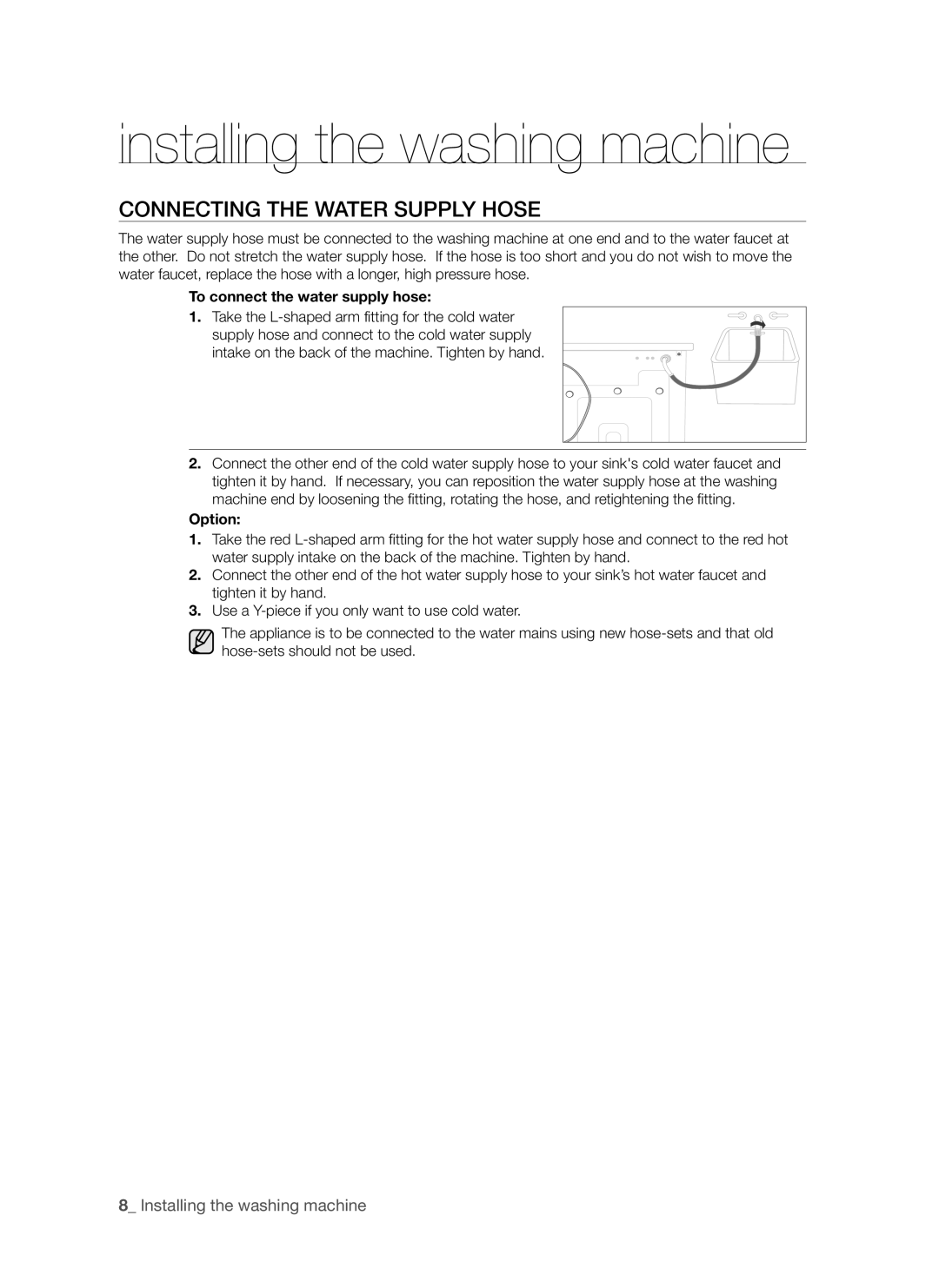 Samsung WF8750S6C1/XSV, WF8650S6C1/XSV manual Connecting the Water Supply Hose, To connect the water supply hose, Option 