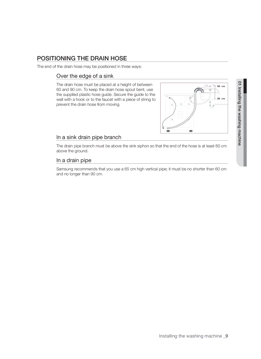 Samsung WF8650S6C1/XSV, WF8750S6C1/XSV manual Positioning the Drain Hose, Over the edge of a sink 