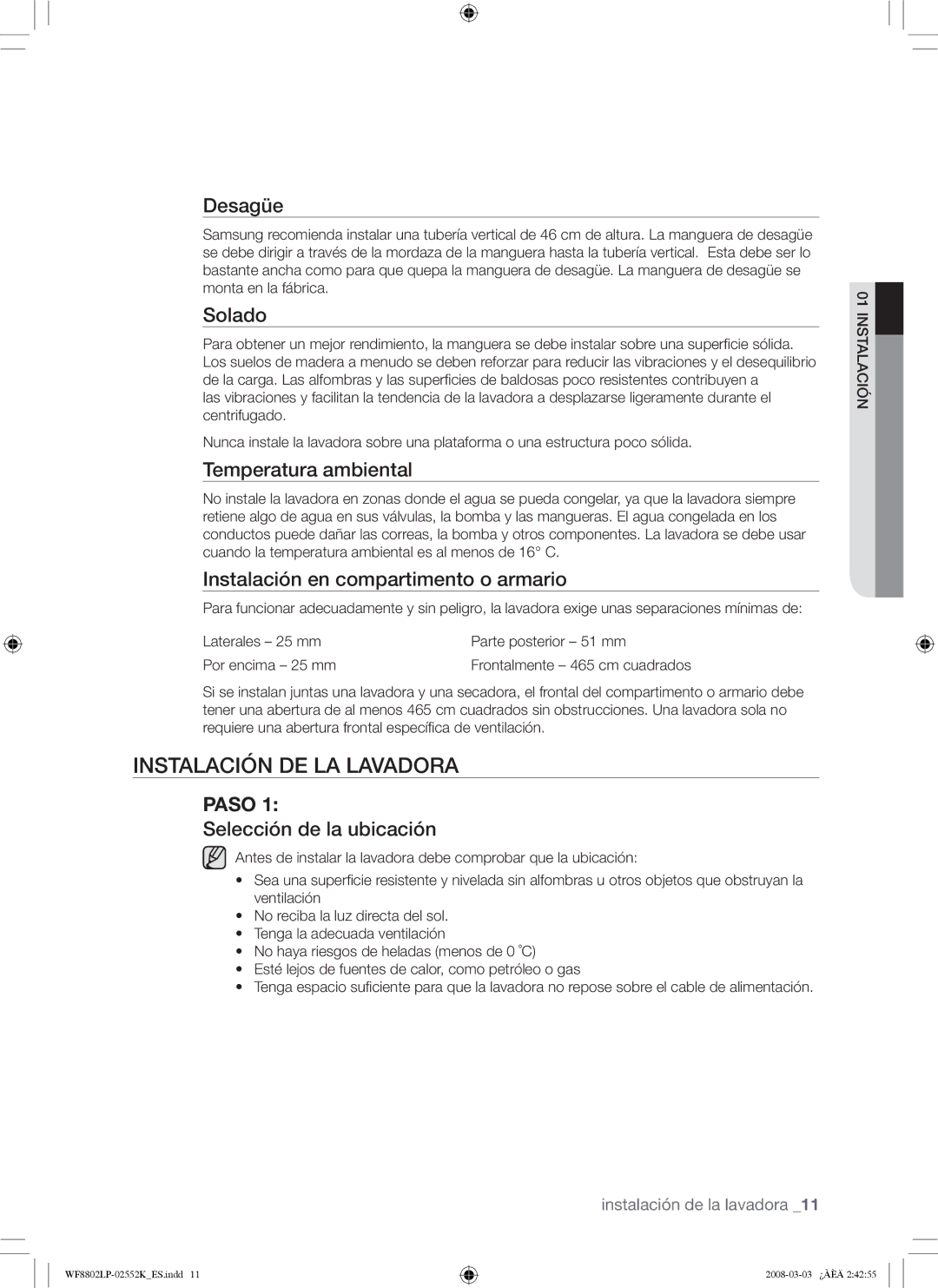 Samsung WF8800LPV/XEC, WF8800LPW/XEC manual Instalación DE LA Lavadora 