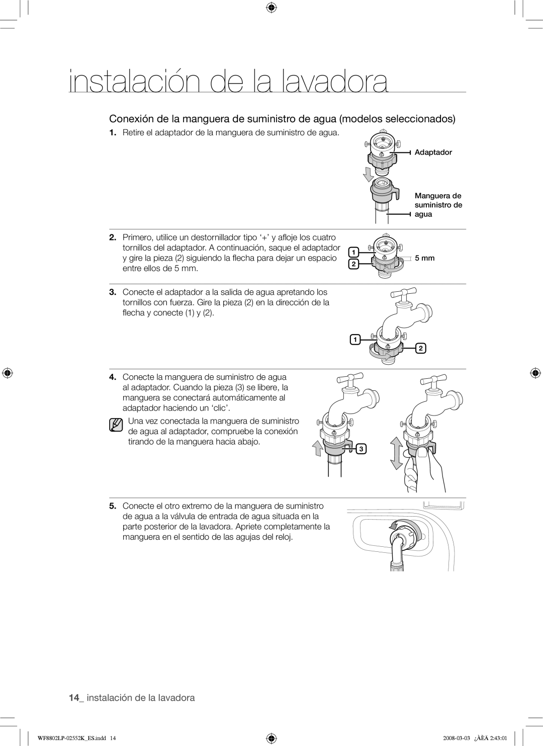 Samsung WF8800LPW/XEC, WF8800LPV/XEC manual Retire el adaptador de la manguera de suministro de agua 