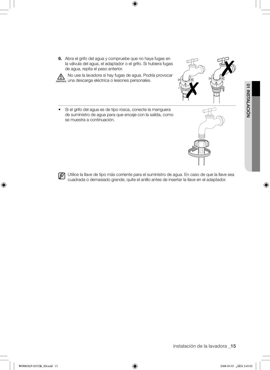 Samsung WF8800LPV/XEC, WF8800LPW/XEC manual Instalación de la lavadora 