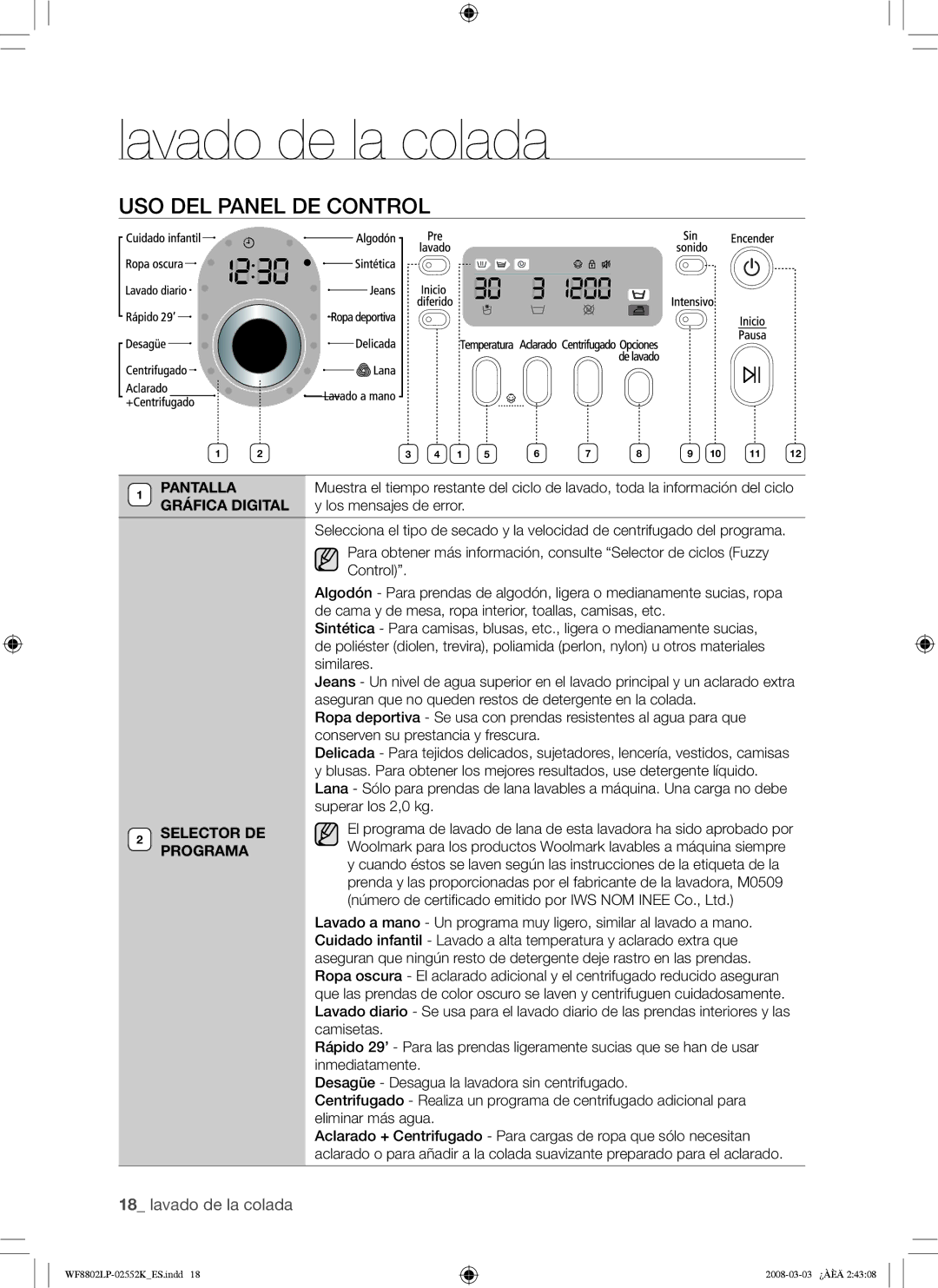 Samsung WF8800LPW/XEC, WF8800LPV/XEC manual USO DEL Panel DE Control, Gráfica Digital 