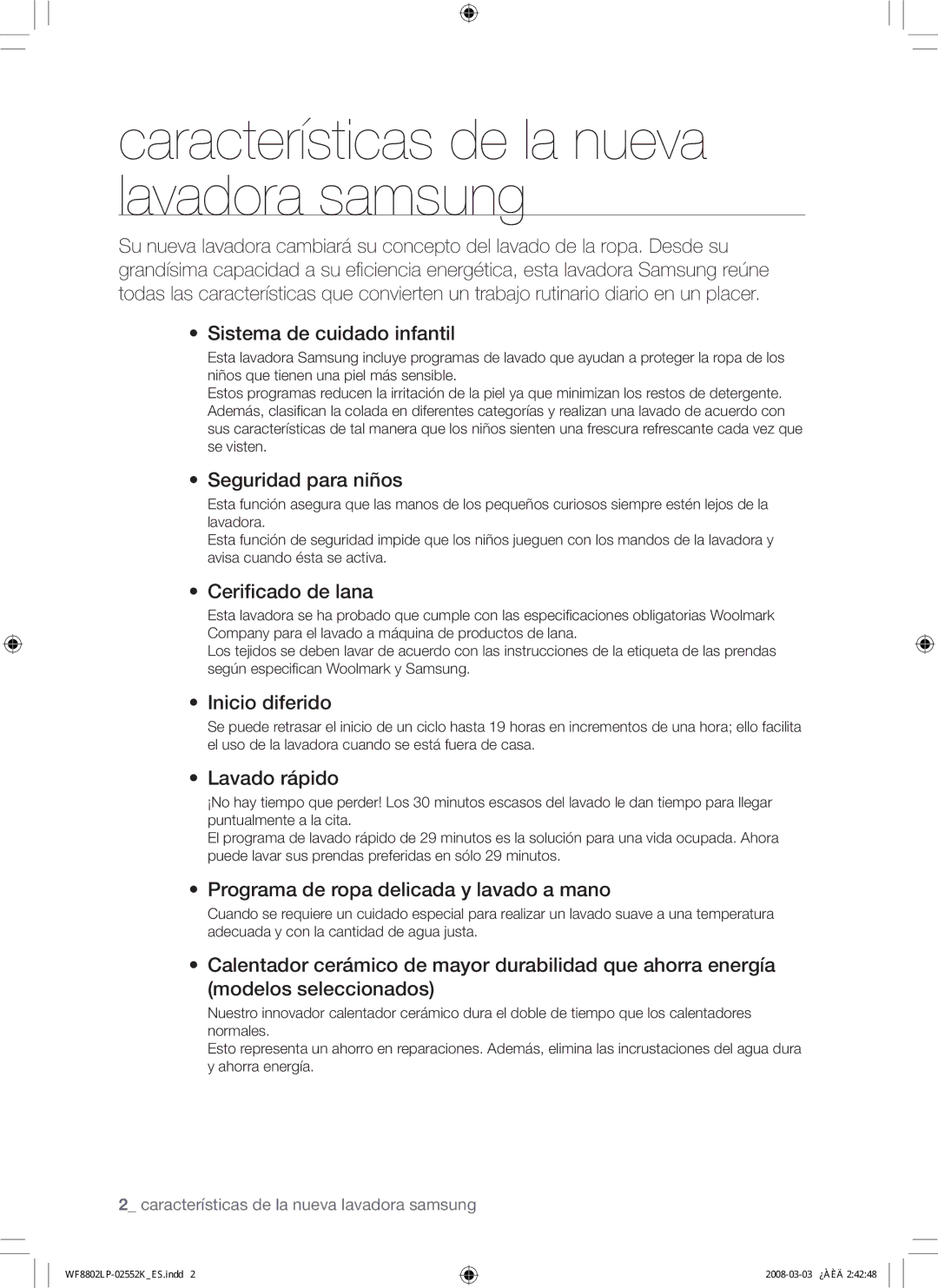 Samsung WF8800LPW/XEC Sistema de cuidado infantil, Seguridad para niños, Ceriﬁcado de lana, Inicio diferido, Lavado rápido 