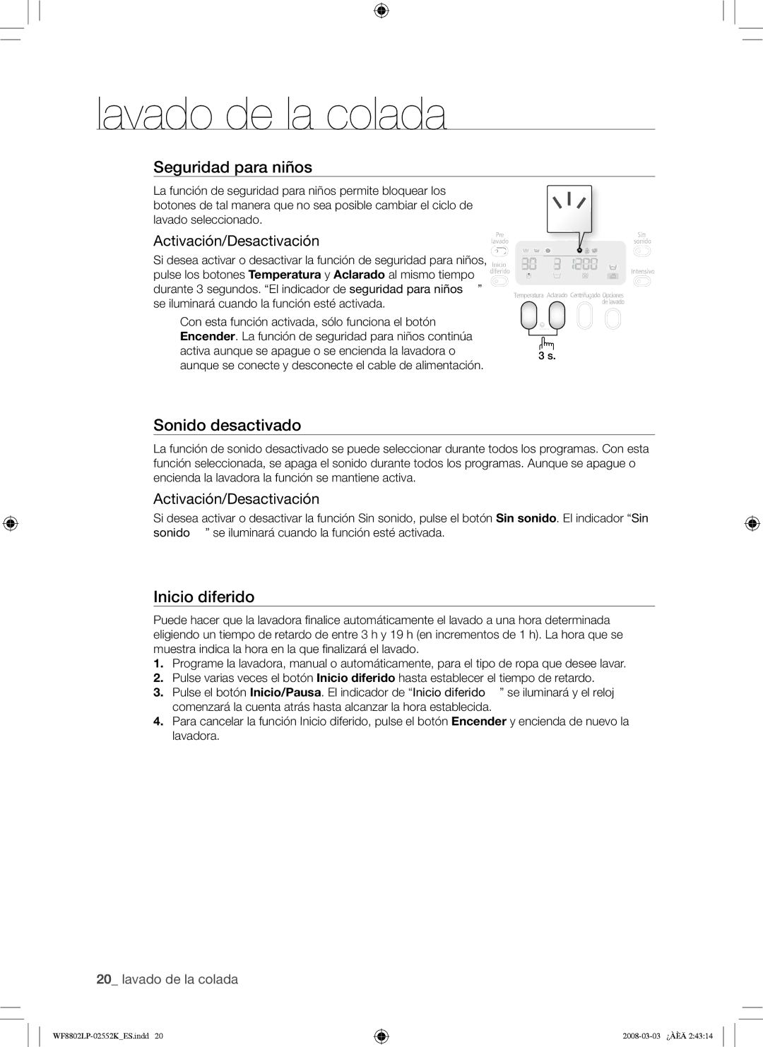 Samsung WF8800LPW/XEC, WF8800LPV/XEC manual Sonido desactivado, Activación/Desactivación 