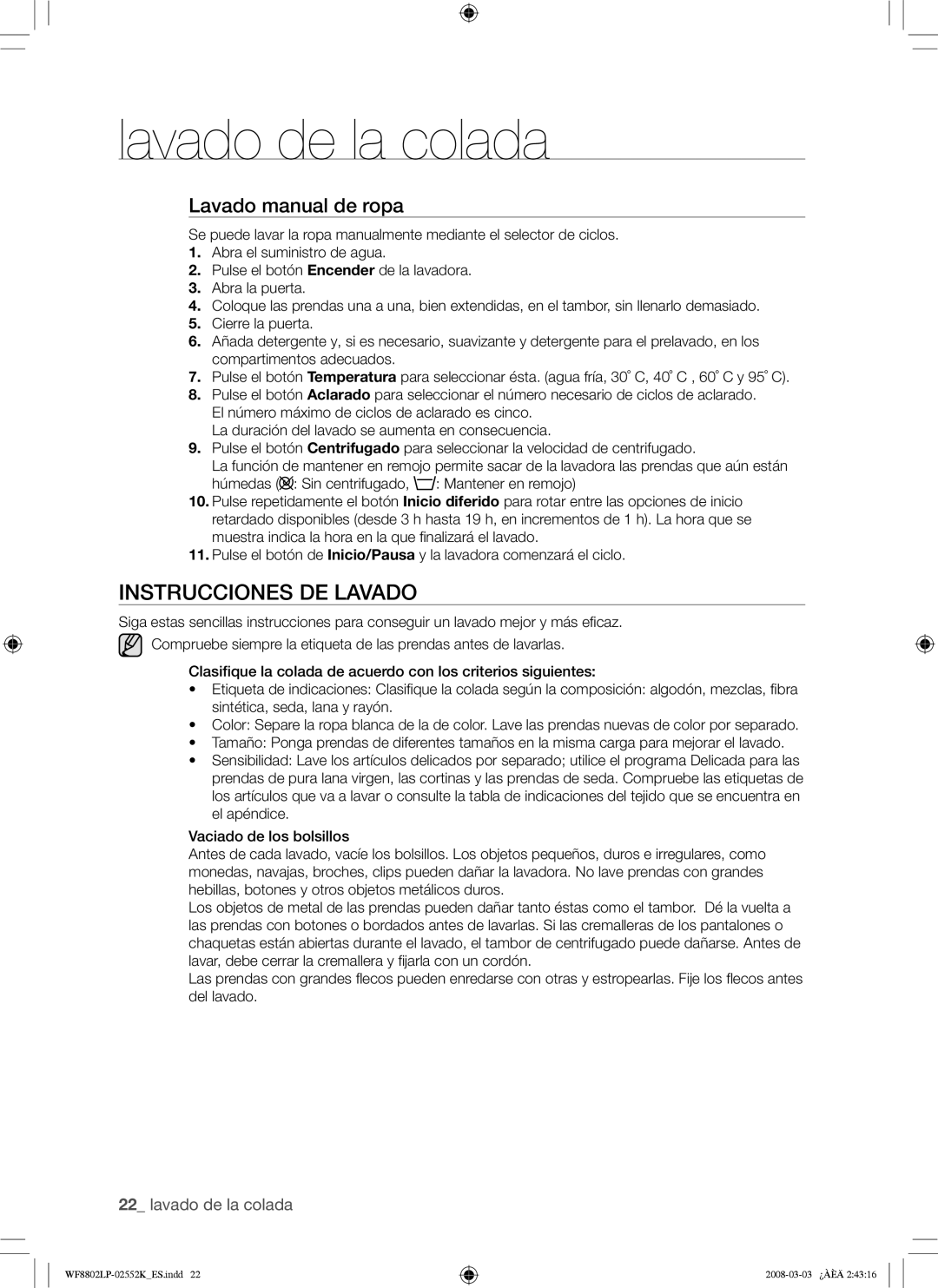 Samsung WF8800LPW/XEC, WF8800LPV/XEC Instrucciones DE Lavado, Lavado manual de ropa 