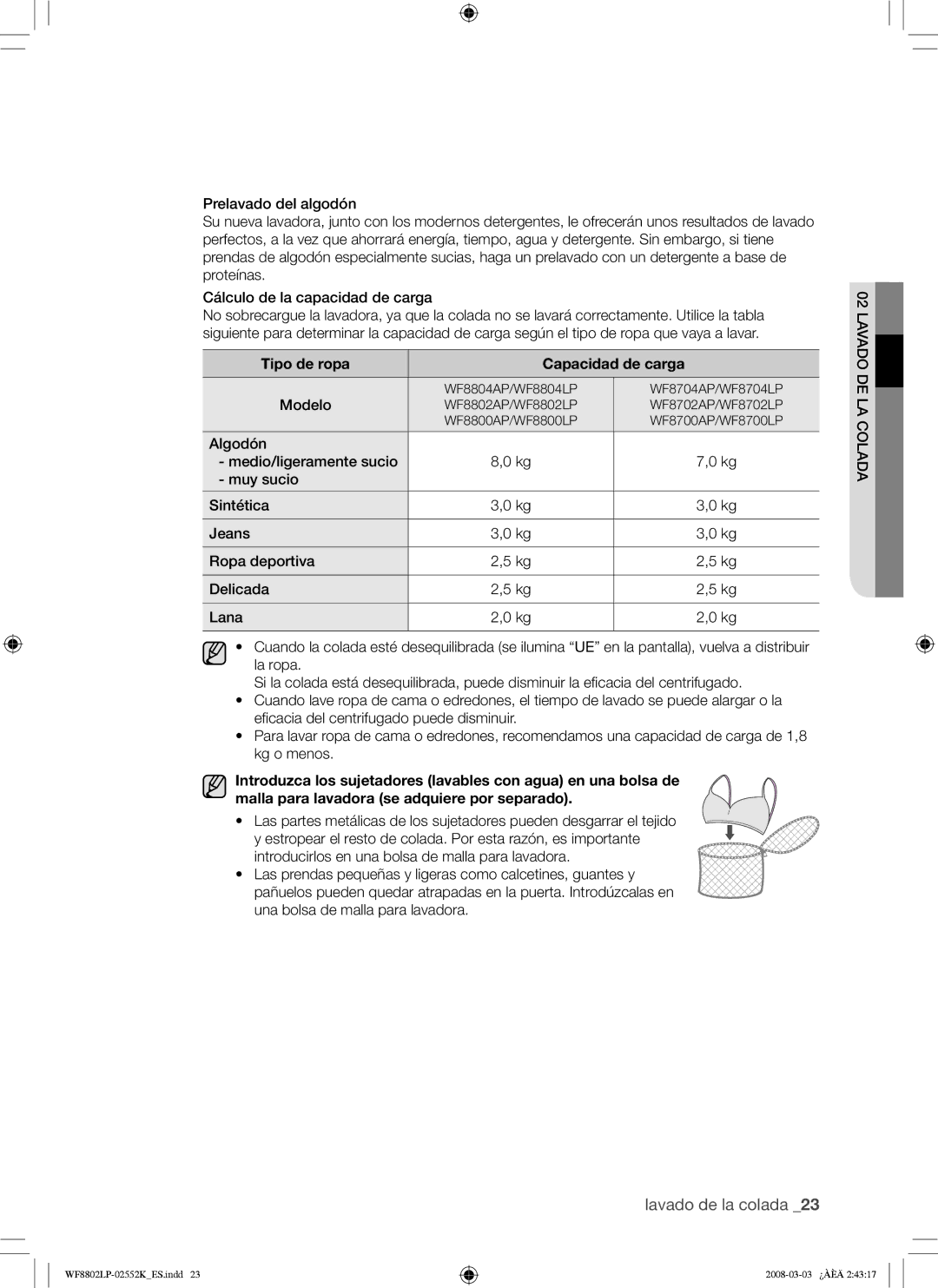 Samsung WF8800LPV/XEC, WF8800LPW/XEC manual Tipo de ropa Capacidad de carga 