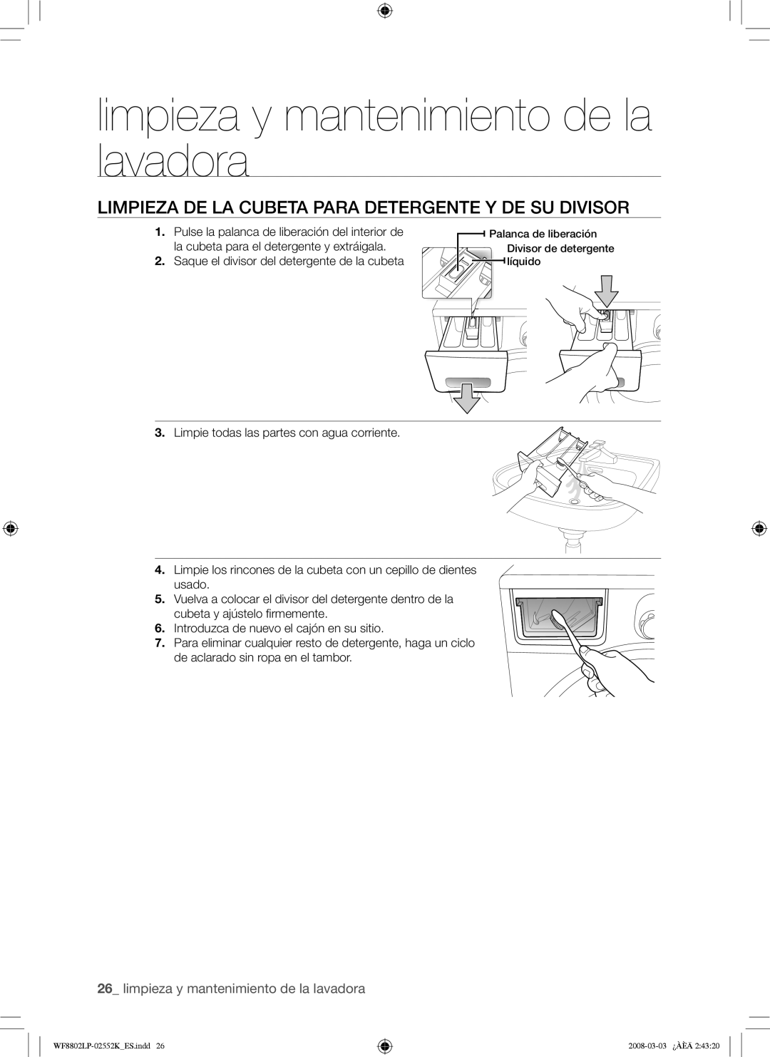 Samsung WF8800LPW/XEC, WF8800LPV/XEC manual Limpieza DE LA Cubeta Para Detergente Y DE SU Divisor 