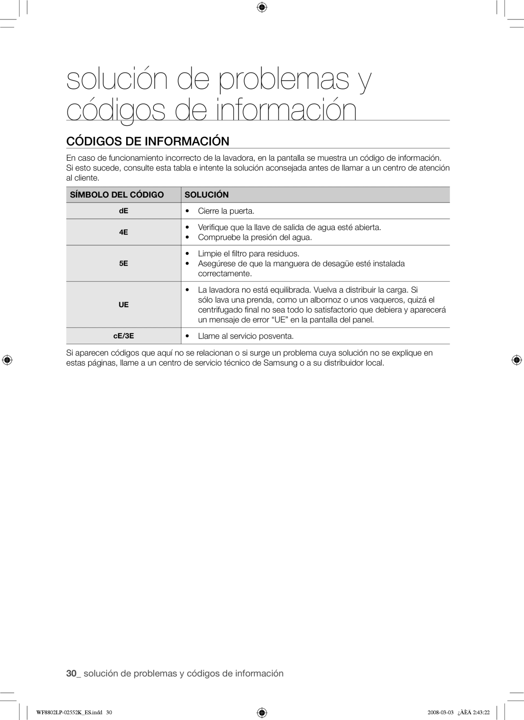 Samsung WF8800LPW/XEC, WF8800LPV/XEC manual Códigos DE Información, Símbolo DEL Código Solución 