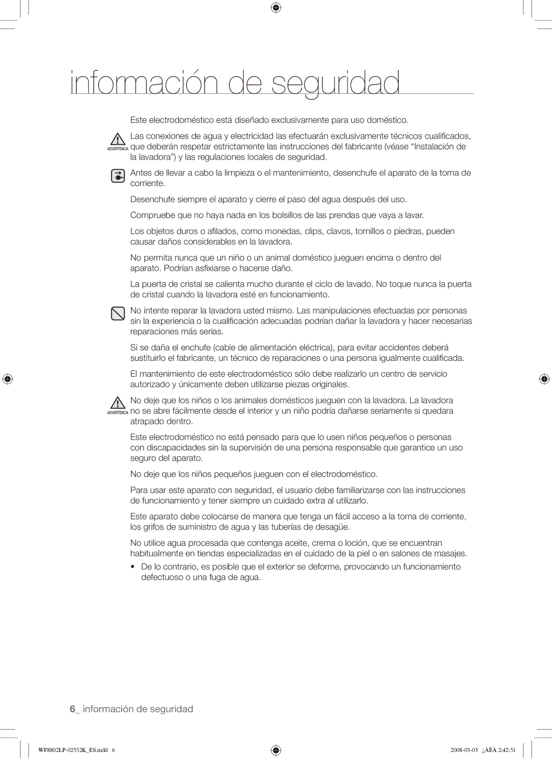 Samsung WF8800LPW/XEC, WF8800LPV/XEC manual Información de seguridad 