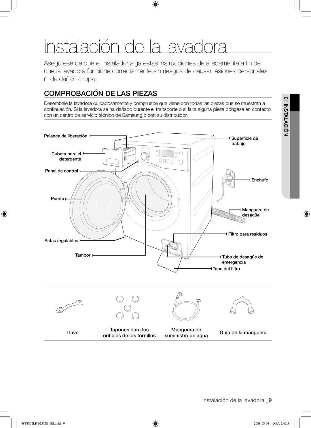 Samsung WF8800LPV/XEC, WF8800LPW/XEC manual Instalación de la lavadora, Comprobación DE LAS Piezas 