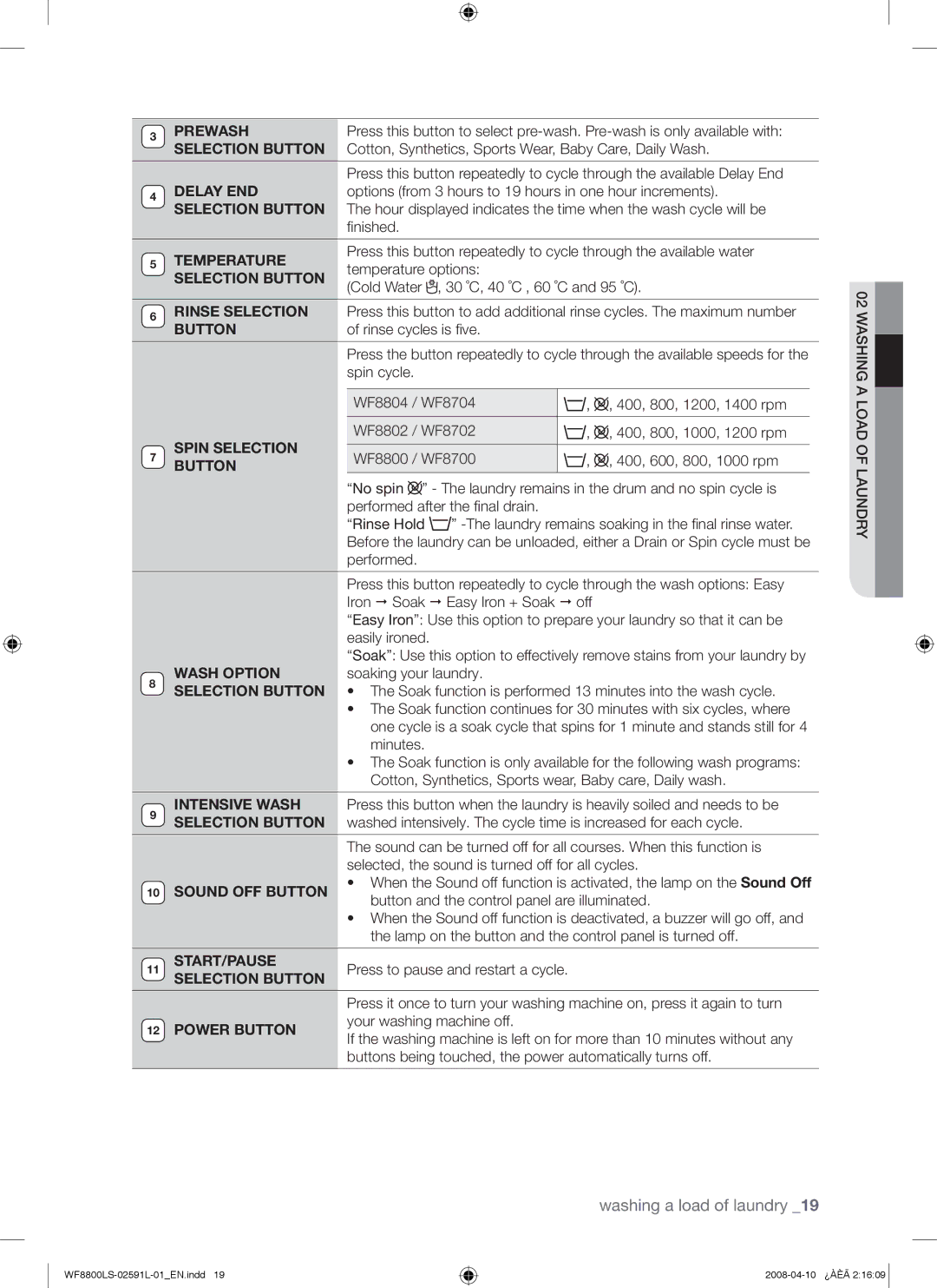 Samsung WF8800LSV1/YKJ, WF8800LSV/XEC, WF8800LSS/YKJ, WF8800LSV/YKJ manual Temperature 