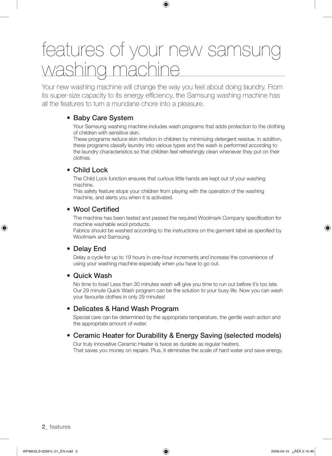 Samsung WF8800LSV/YKJ, WF8800LSV/XEC, WF8800LSS/YKJ, WF8800LSV1/YKJ manual Features of your new samsung washing machine 