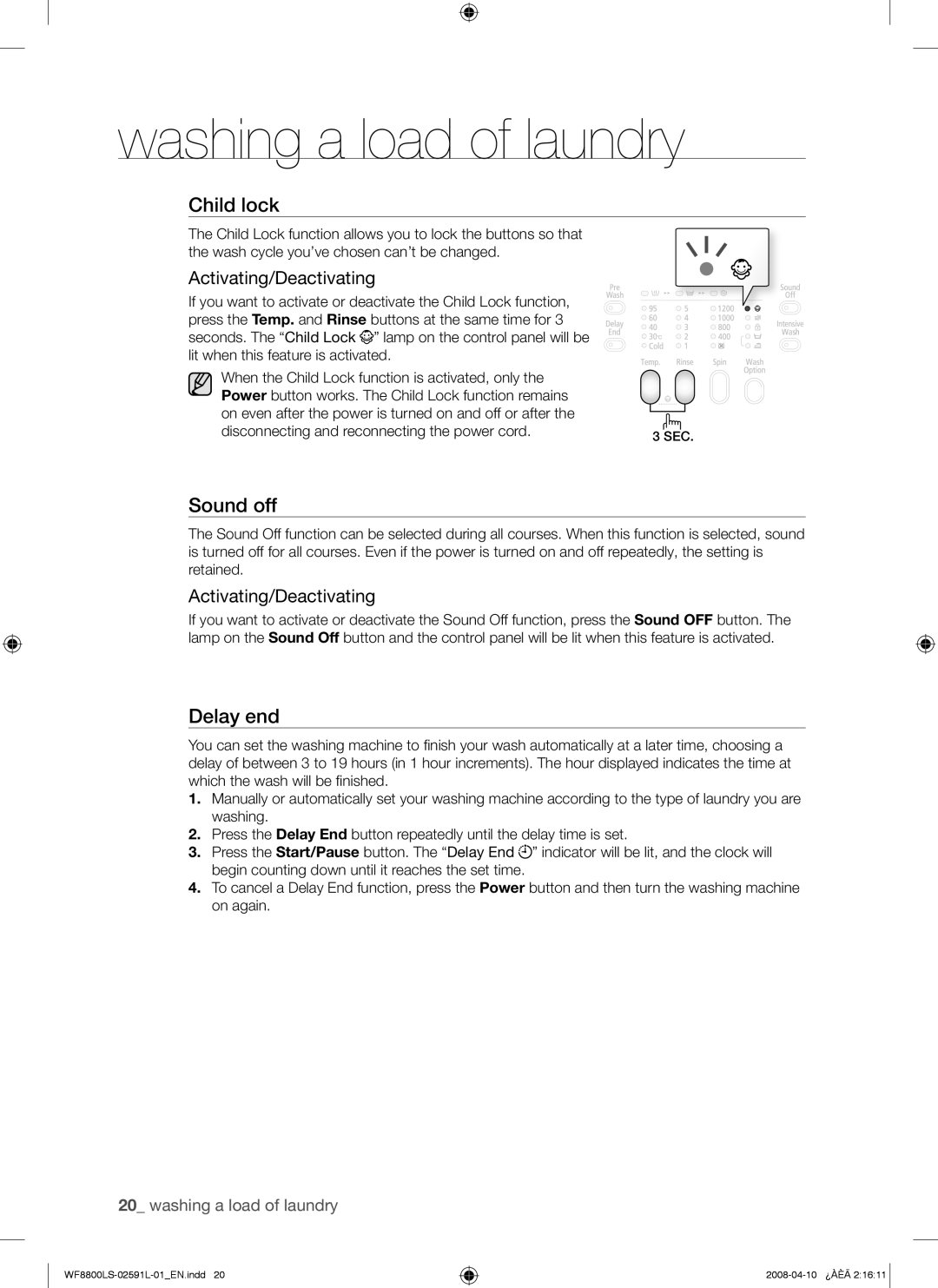 Samsung WF8800LSV/XEC, WF8800LSS/YKJ, WF8800LSV/YKJ, WF8800LSV1/YKJ manual Sound off, Activating/Deactivating 