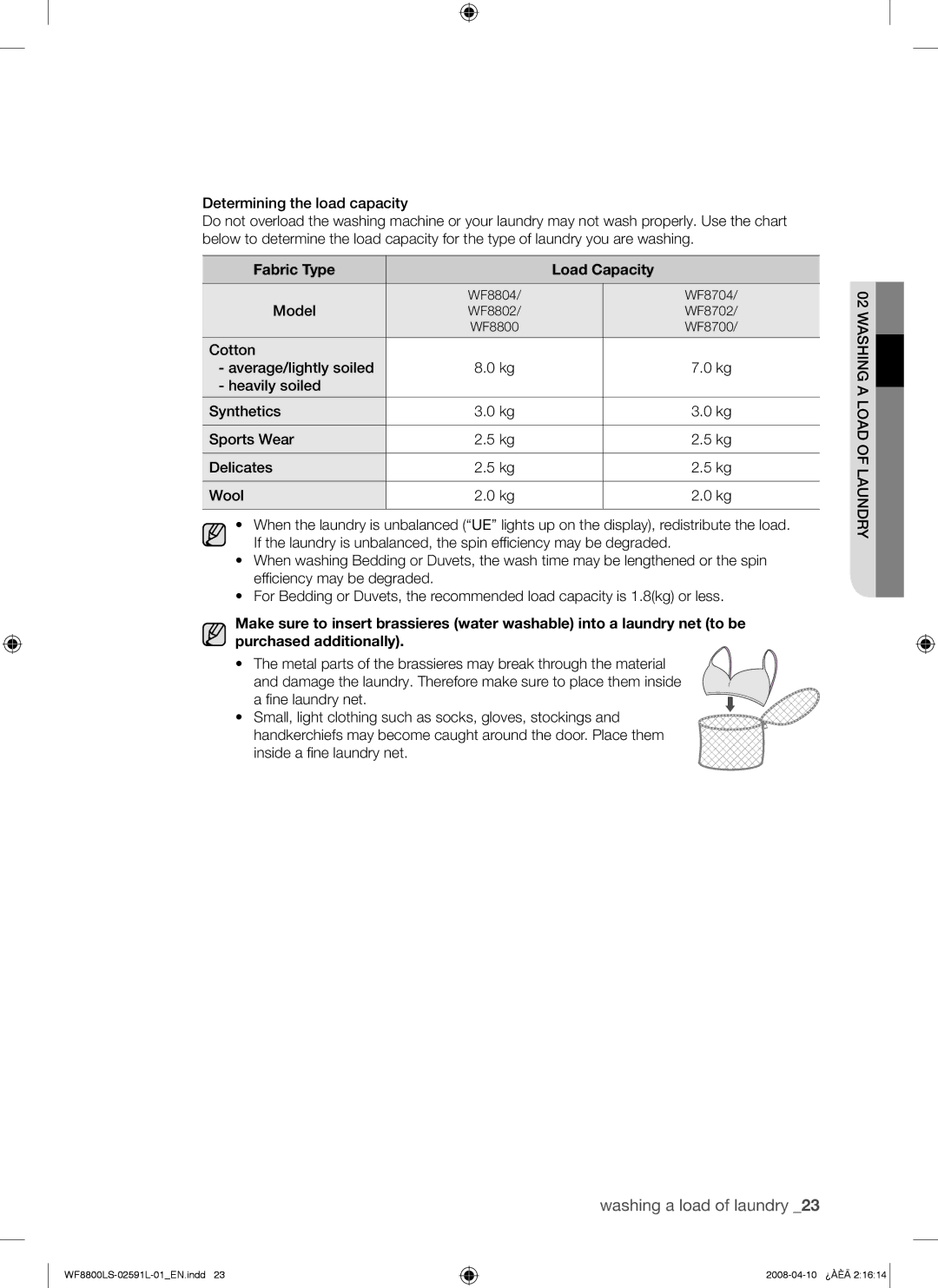 Samsung WF8800LSV1/YKJ, WF8800LSV/XEC, WF8800LSS/YKJ, WF8800LSV/YKJ manual Fabric Type Load Capacity 