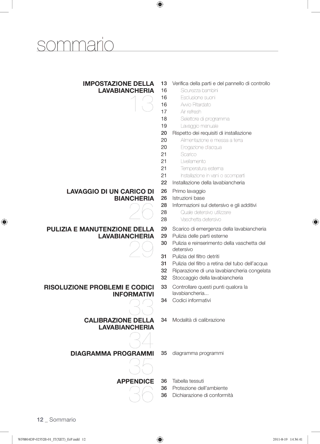 Samsung WF8802DPF1/XET, WF8802DPF/XET, WF8800DPF/XET manual Sommario 