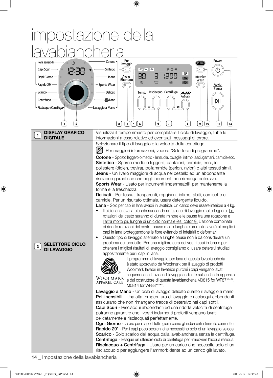 Samsung WF8800DPF/XET, WF8802DPF1/XET, WF8802DPF/XET manual Selettore Ciclo, DI Lavaggio, Appositamente per i capi in lana 