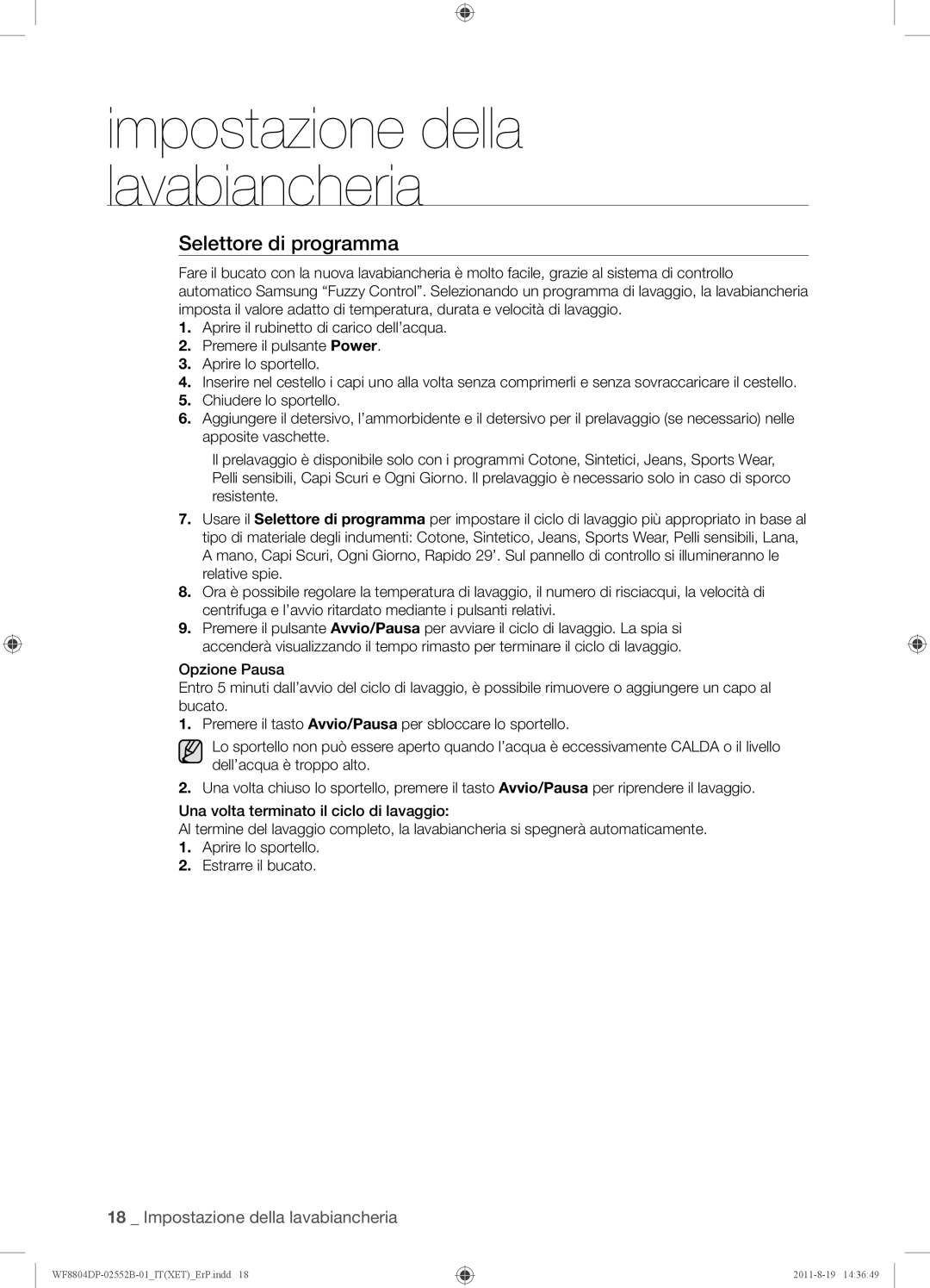 Samsung WF8802DPF1/XET, WF8802DPF/XET, WF8800DPF/XET manual Selettore di programma 