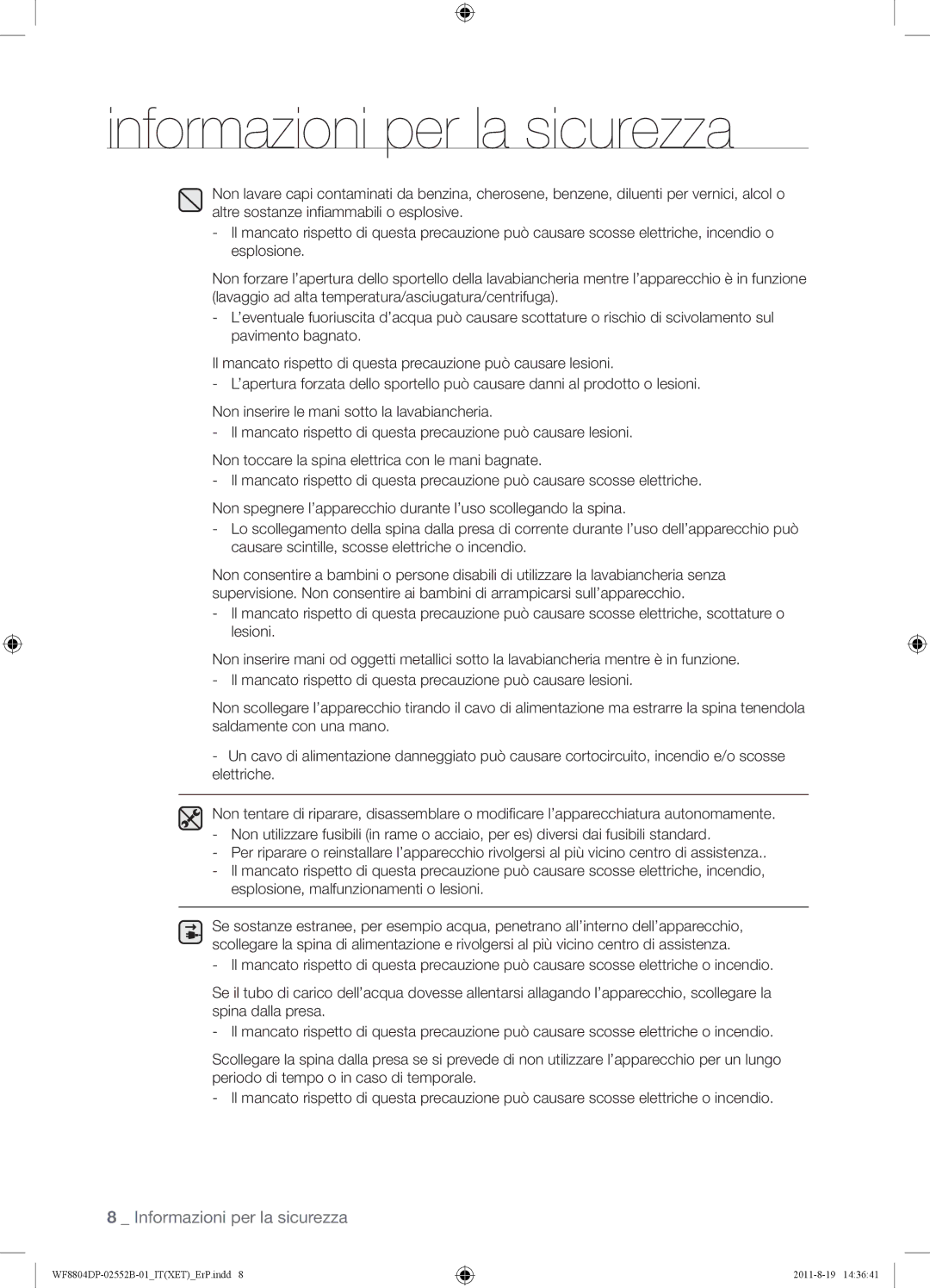 Samsung WF8800DPF/XET, WF8802DPF1/XET, WF8802DPF/XET manual Informazioni per la sicurezza 