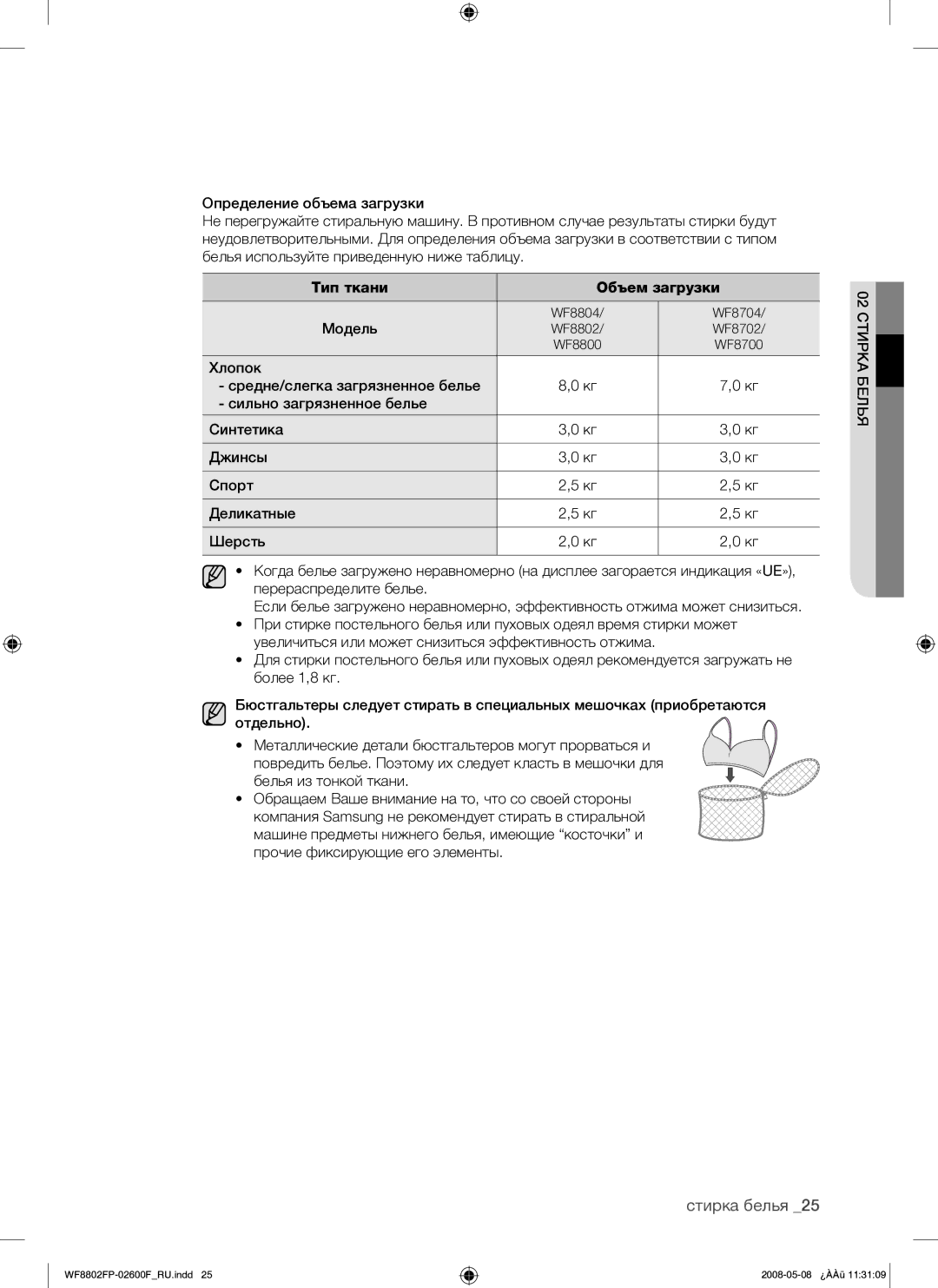 Samsung WF8802FPG/YLP manual Тип ткани Объем загрузки 