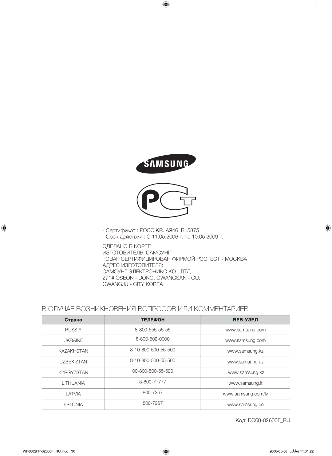 Samsung WF8802FPG/YLP manual Случае Возникновения Вопросов ИЛИ Комментариев 