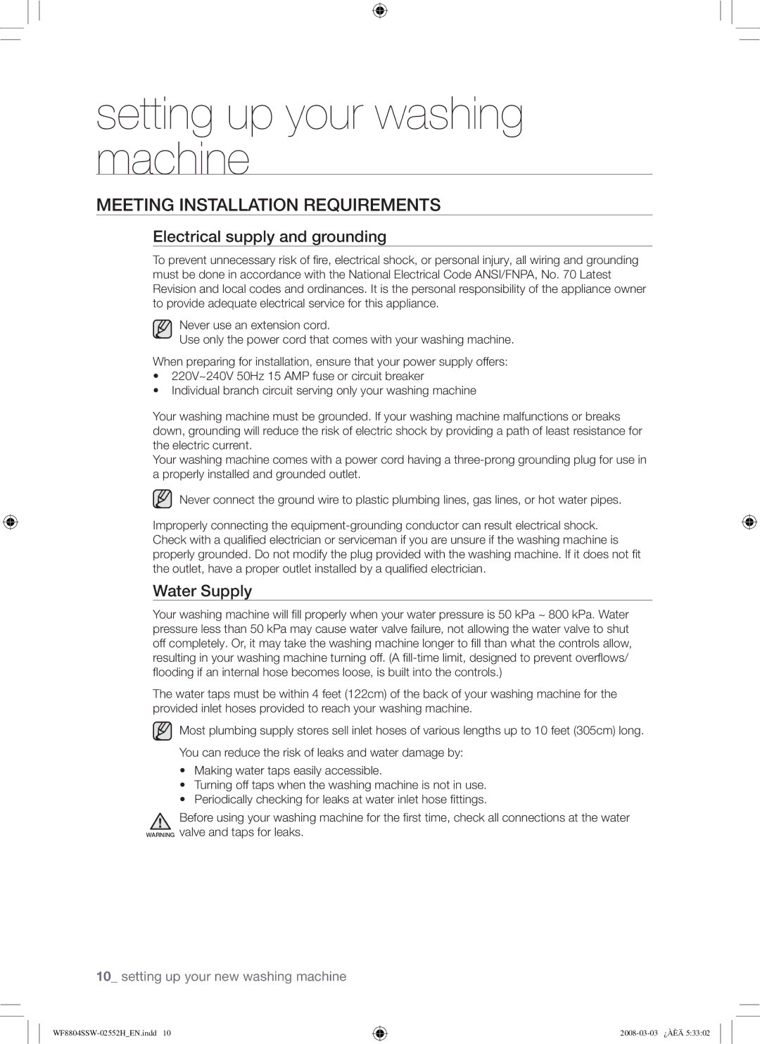 Samsung WF8802JPF/YLR manual Meeting Installation Requirements, Electrical supply and grounding, Water Supply 