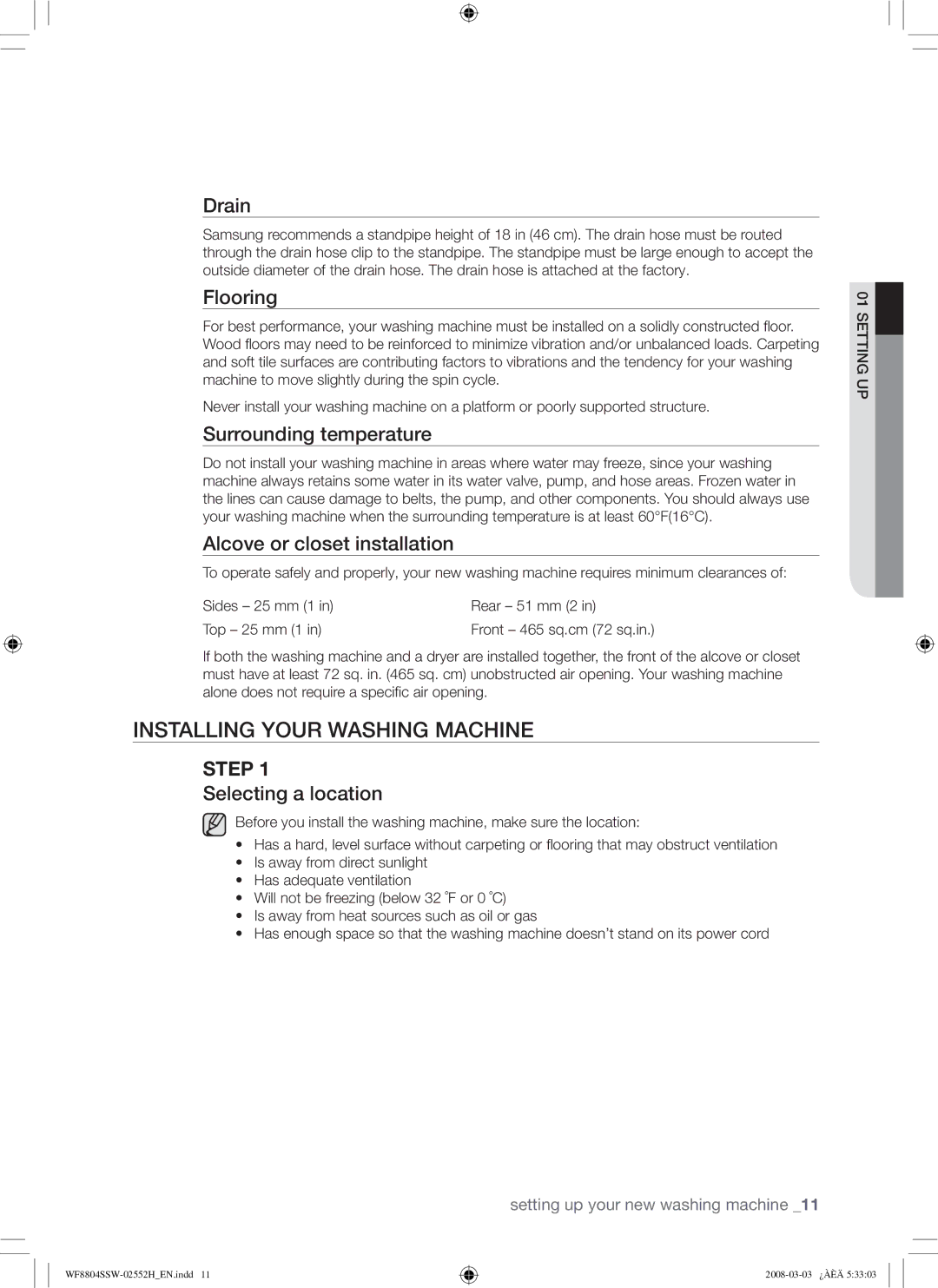 Samsung WF8802JPF/YLR manual Installing Your Washing Machine 