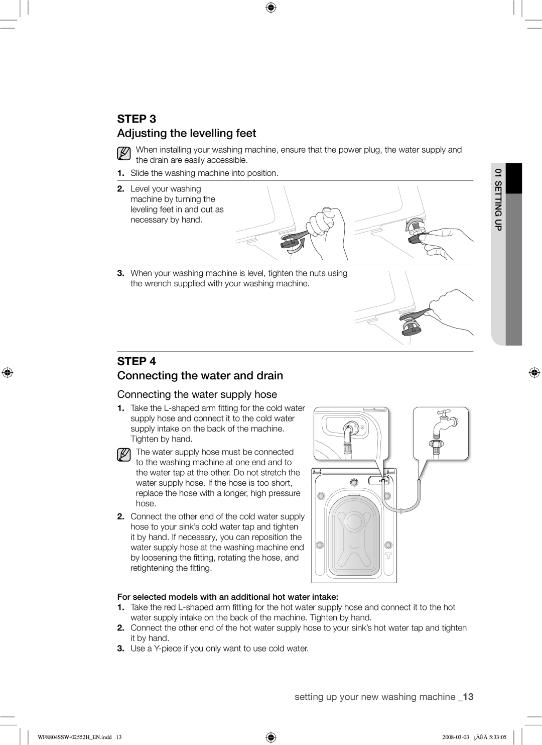 Samsung WF8802JPF/YLR manual Adjusting the levelling feet, Connecting the water and drain 