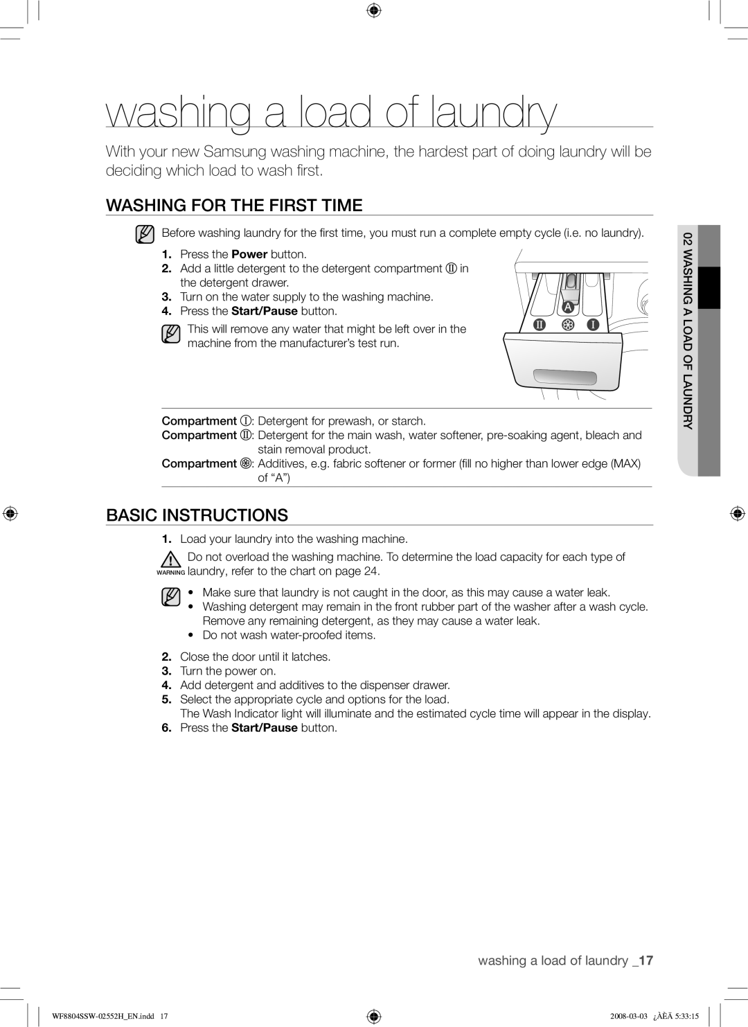 Samsung WF8802JPF/YLR manual Washing a load of laundry, Washing for the First Time, Basic Instructions 