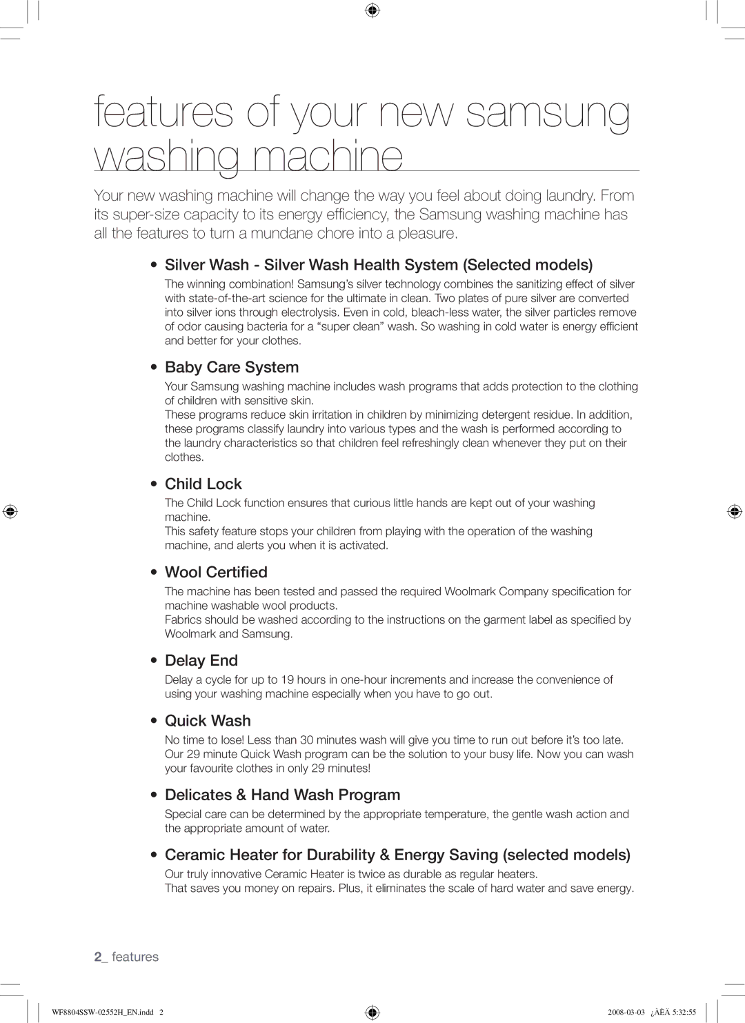 Samsung WF8802JPF/YLR manual Features of your new samsung washing machine 