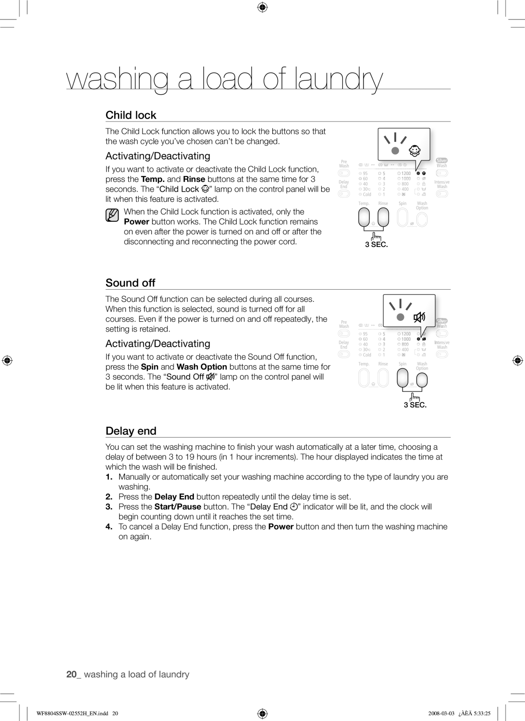 Samsung WF8802JPF/YLR manual Sound off, Activating/Deactivating 