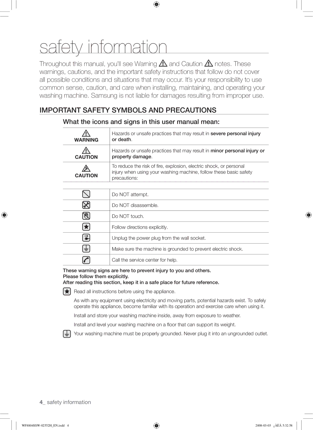 Samsung WF8802JPF/YLR manual Safety information, Important Safety Symbols and Precautions 