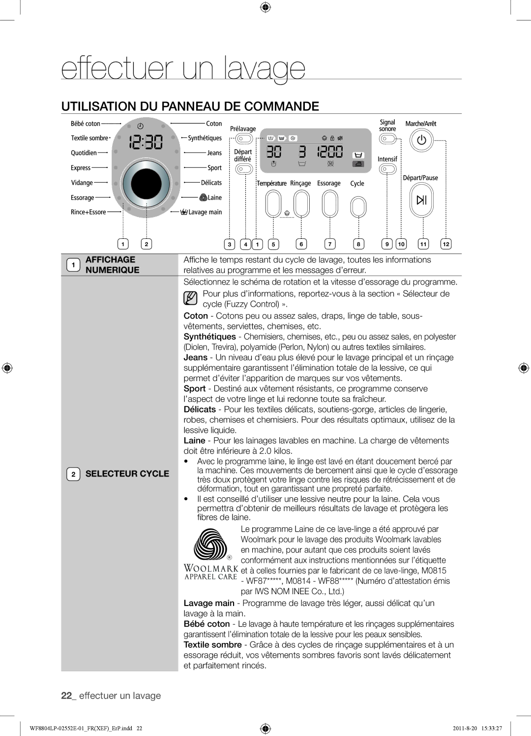 Samsung WF8804LPH1/XEF, WF8802LPH1/XEF, WF8802LPS1/XEF manual Utilisation DU Panneau DE Commande, Numerique 