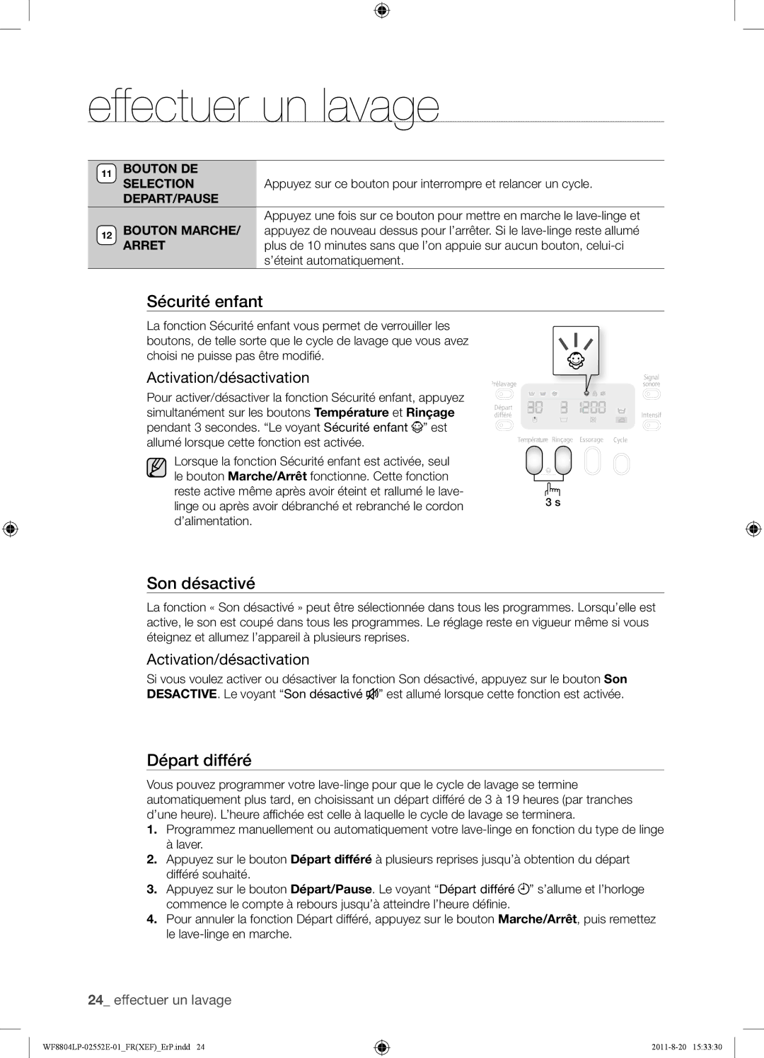 Samsung WF8802LPH1/XEF, WF8804LPH1/XEF, WF8802LPS1/XEF manual Sécurité enfant, Son désactivé 