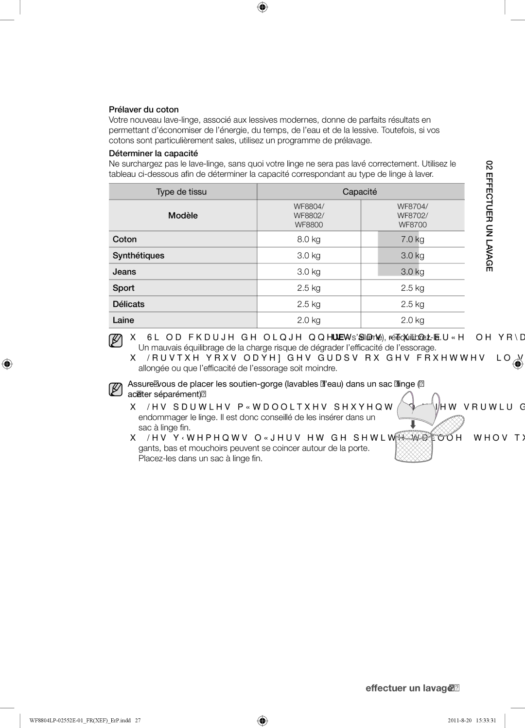 Samsung WF8802LPH1/XEF, WF8804LPH1/XEF, WF8802LPS1/XEF manual Type de tissu Capacité 